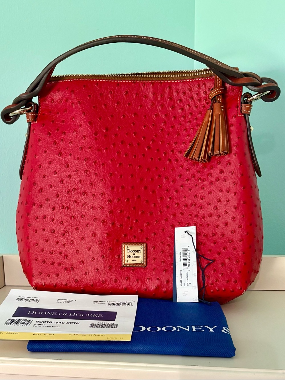 Dooney & Bourke Red Ostrich-Embossed Shoulder Bag with Tan Tassel